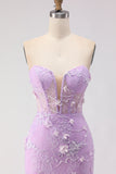 Purple Strapless Mermaid Corset Appliqued Long Prom Dress