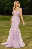 Purple Mermaid Strapless Corset Appliqued Long Prom Dress