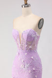 Purple Strapless Mermaid Corset Appliqued Long Prom Dress