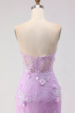 Purple Strapless Mermaid Corset Appliqued Long Prom Dress