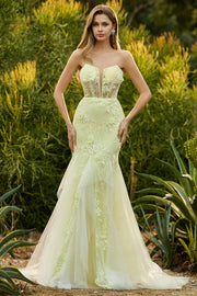 Yellow Strapless Mermaid Corset Lace Long Prom Dress with Sequins