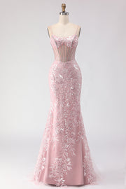 Sparkly Blush Beaded Mermaid Long Prom Dress with Sequins