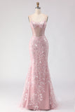 Sparkly Blush Beaded Mermaid Long Prom Dress with Sequins