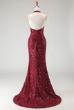 Sparkly Burgundy Mermaid Halter Sequin Long Prom Dress with Slit