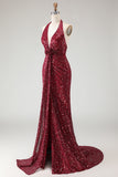 Sparkly Burgundy Mermaid Halter Sequin Long Prom Dress with Slit