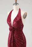 Sparkly Burgundy Mermaid Halter Sequin Long Prom Dress with Slit