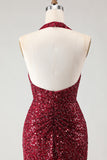 Sparkly Burgundy Mermaid Halter Sequin Long Prom Dress with Slit