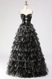 Strapless Black A Line Cut Out Tiered Ruffle Long Prom Dress with Bows