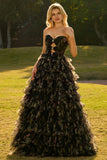 Black A Line Strapless Cut Out Tiered Ruffle Long Prom Dress with Bows