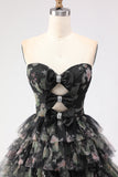 Strapless Black A Line Cut Out Tiered Ruffle Long Prom Dress with Bows