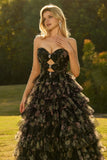 Black A Line Strapless Cut Out Tiered Ruffle Long Prom Dress with Bows