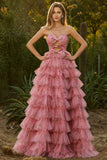 Pink Flower A Line Strapless Cut Out Tiered Ruffle Long Prom Dress with Bows