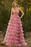 Black A Line Strapless Cut Out Tiered Ruffle Long Prom Dress with Bows