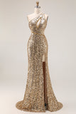 Sparkly Golden Mermaid One Shoulder Fringed Cut Out Sequin Prom Dress with Slit
