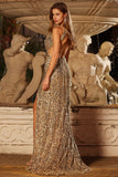 Sparkly Golden Mermaid One Shoulder Fringed Cut Out Sequin Prom Dress with Slit