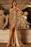 Sparkly Golden Mermaid One Shoulder Fringed Cut Out Sequin Prom Dress with Slit