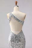 Sparkly Golden Mermaid One Shoulder Fringed Cut Out Sequin Prom Dress with Slit