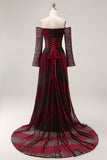 Off the Shoulder Black Red Burnout A Line Long Sleeve Prom Dress