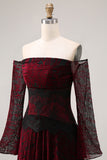 Off the Shoulder Black Red Burnout A Line Long Sleeve Prom Dress