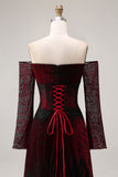 Off the Shoulder Black Red Burnout A Line Long Sleeve Prom Dress
