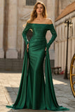 Off the Shoulder Dark Green Mermaid Ruched Prom Dress with Long Sleeves