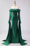 Off the Shoulder Dark Green Mermaid Ruched Prom Dress with Long Sleeves
