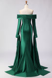 Off the Shoulder Dark Green Mermaid Ruched Prom Dress with Long Sleeves