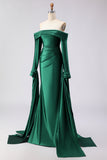 Off the Shoulder Dark Green Mermaid Ruched Prom Dress with Long Sleeves