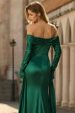 Off the Shoulder Dark Green Mermaid Ruched Prom Dress with Long Sleeves