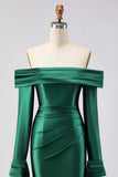 Off the Shoulder Dark Green Mermaid Ruched Prom Dress with Long Sleeves