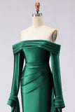Off the Shoulder Dark Green Mermaid Ruched Prom Dress with Long Sleeves