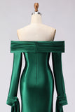 Off the Shoulder Dark Green Mermaid Ruched Prom Dress with Long Sleeves