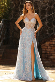 Blue Corset A Line Spaghetti Straps Sequins Long Prom Dress with Appliques