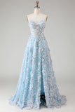 Blue A Line Corset Spaghetti Straps Sequins Long Prom Dress with Appliques