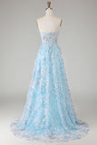 Blue A Line Corset Spaghetti Straps Sequins Long Prom Dress with Appliques