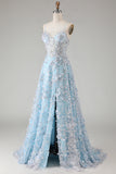 Blue A Line Corset Spaghetti Straps Sequins Long Prom Dress with Appliques