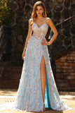 Blue Corset A Line Spaghetti Straps Sequins Long Prom Dress with Appliques