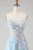 Blue A Line Corset Spaghetti Straps Sequins Long Prom Dress with Appliques