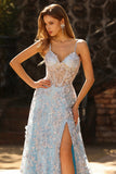 Blue Corset A Line Spaghetti Straps Sequins Long Prom Dress with Appliques