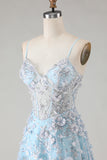 Blue A Line Corset Spaghetti Straps Sequins Long Prom Dress with Appliques