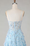 Blue A Line Corset Spaghetti Straps Sequins Long Prom Dress with Appliques