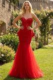 Red Sequin Sweetheart Mermaid Corset Long Prom Dress with Large Bow