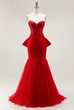 Glitter Red Sweetheart Mermaid Corset Sequins Ruched Long Prom Dress with Large Bow