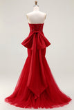 Glitter Red Sweetheart Mermaid Corset Sequins Ruched Long Prom Dress with Large Bow