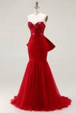 Glitter Red Sweetheart Mermaid Corset Sequins Ruched Long Prom Dress with Large Bow
