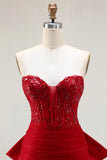 Glitter Red Sweetheart Mermaid Corset Sequins Ruched Long Prom Dress with Large Bow