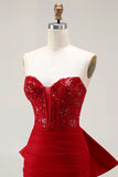 Glitter Red Sweetheart Mermaid Corset Sequins Ruched Long Prom Dress with Large Bow