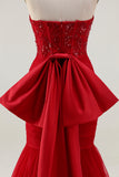 Glitter Red Sweetheart Mermaid Corset Sequins Ruched Long Prom Dress with Large Bow