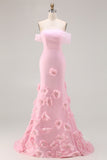 Off the Shoulder Pink Mermaid Long Prom Dress with 3D Flowers