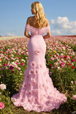 Off the Shoulder Pink Mermaid Long Prom Dress with 3D Flowers